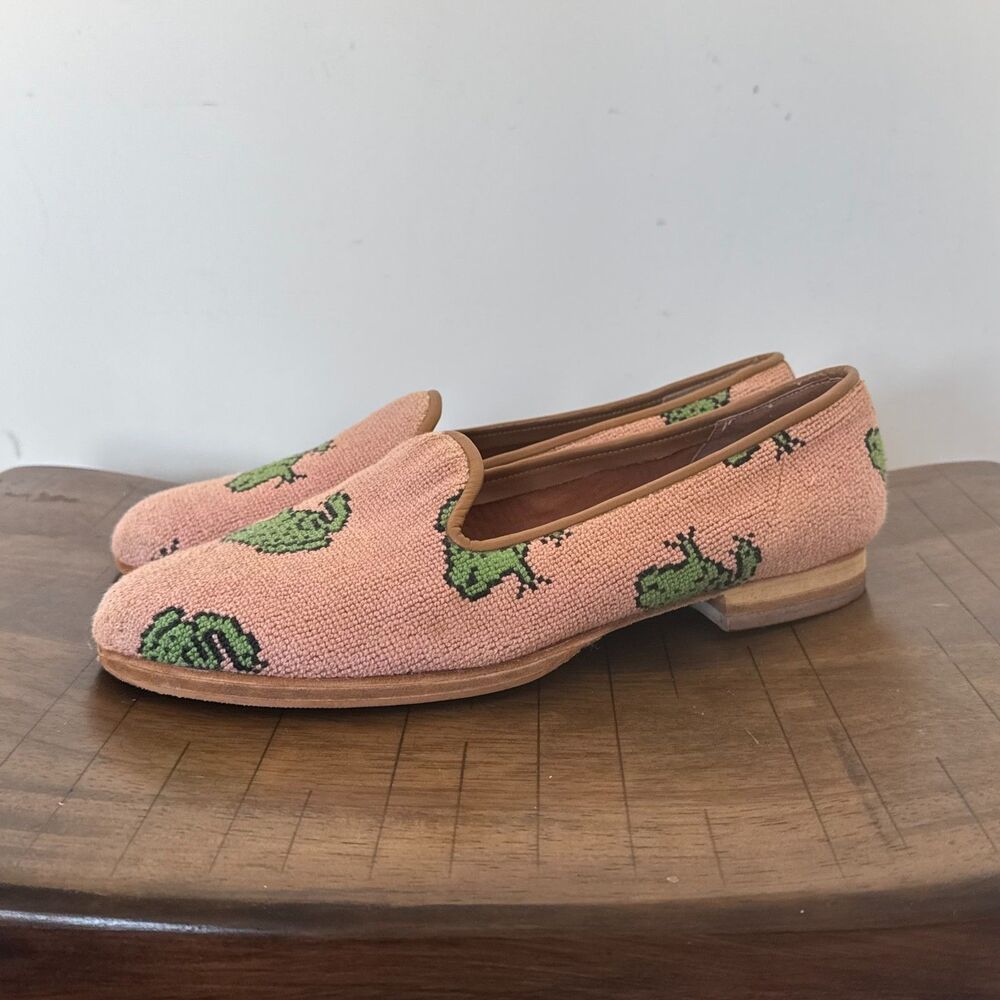 ZALO Frog Needlepoint Loafers Womens 8.5 M Pink Green Embroidered Slip On Flats - Picture 2 of 10